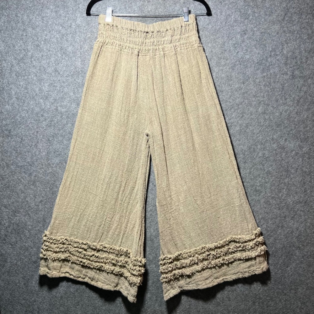 Paper Lace Textured 100% Linen Wide Leg Pants Boho Lagenlook Frayed Hem Pull On - Picture 6 of 8